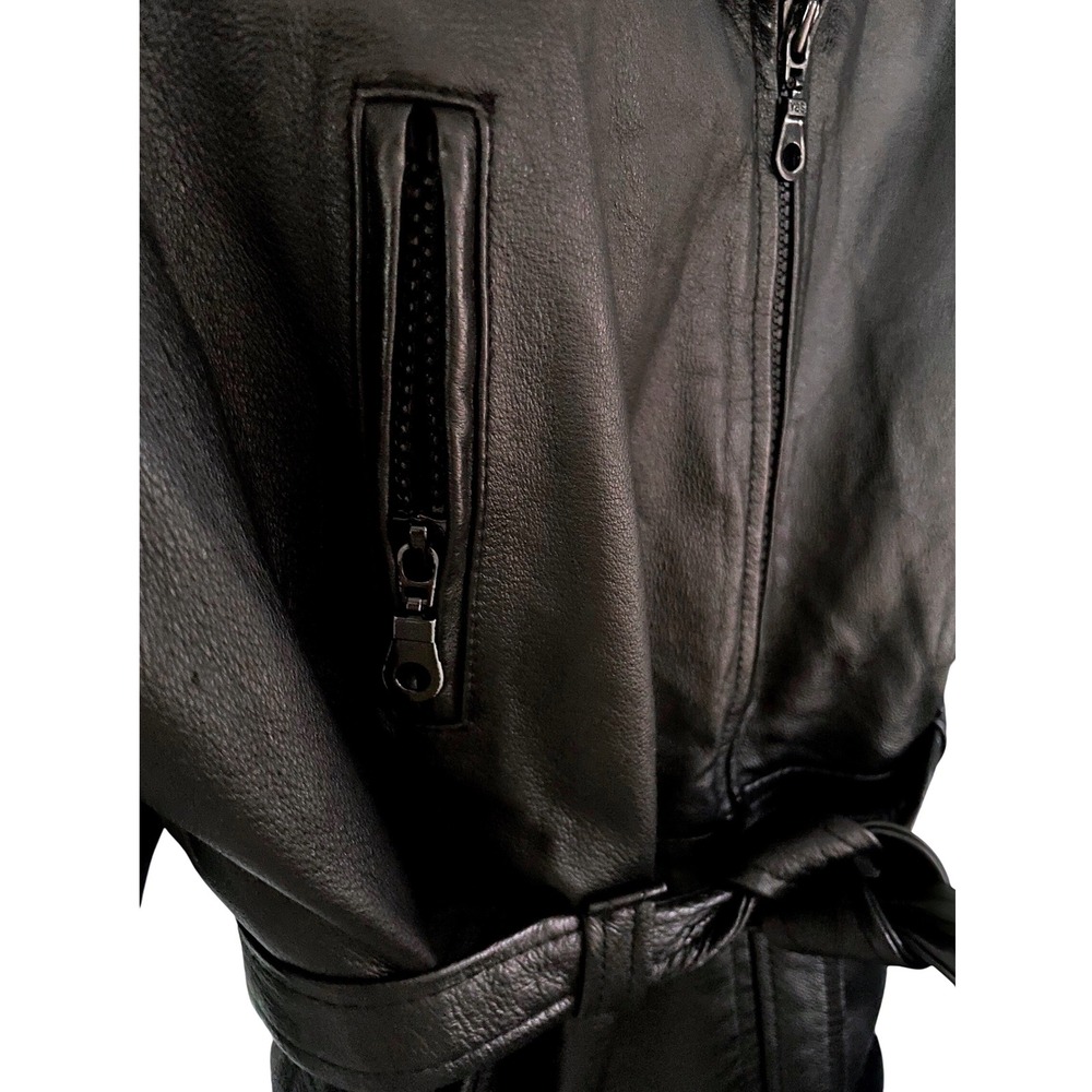 WILDA Genuine Leather Coat Womens XL Blk Belted Faux Fur Collar Trim Vintage 90s - Picture 7 of 7